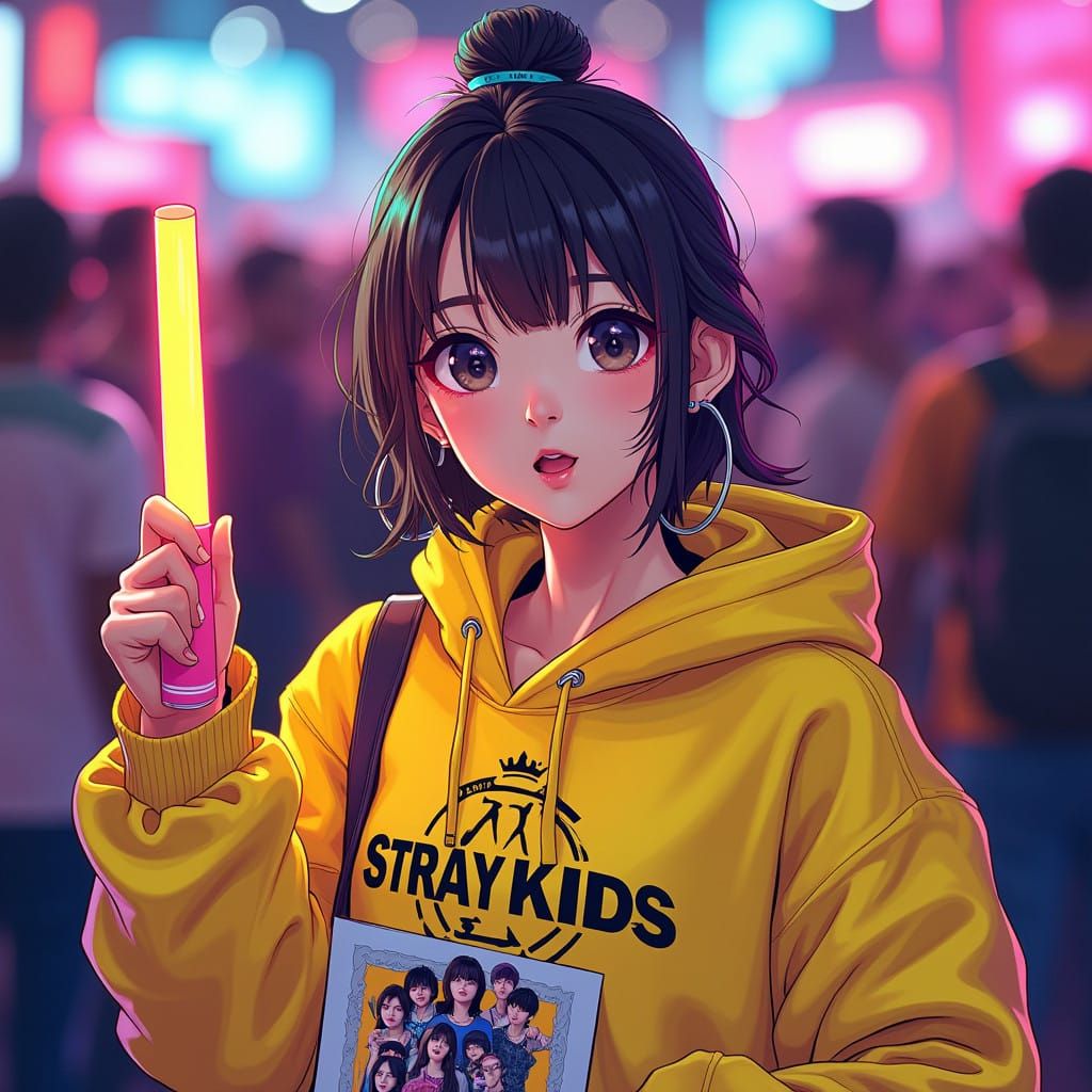 K-Pop Fan Girl Surrounded by Stray Kids Merchandise in Vibra...