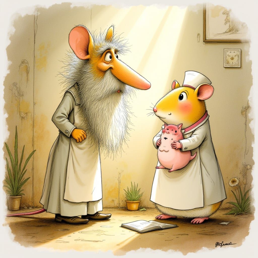 Elderly Aardvark Contemplates Hamster Nurse and Piglet