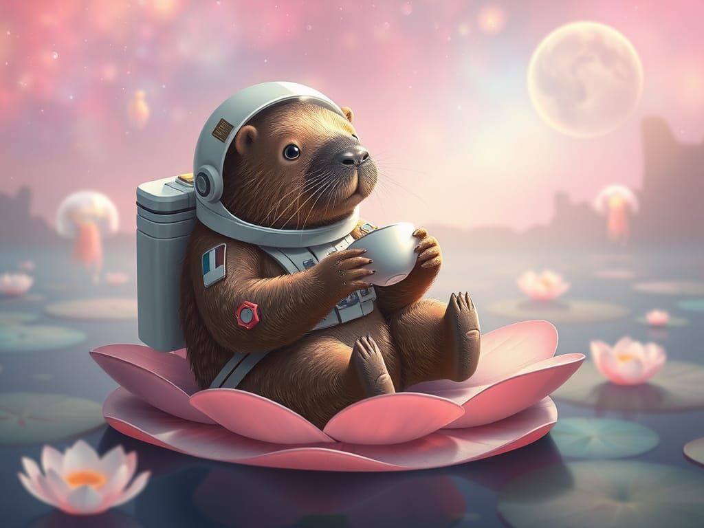 Capybara Astronaut's Serene Tea Party in Space