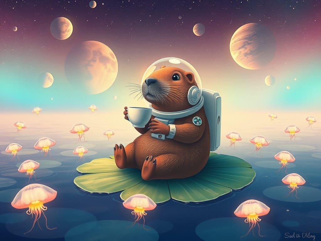 Capybara Astronaut's Serene Space Tea Party