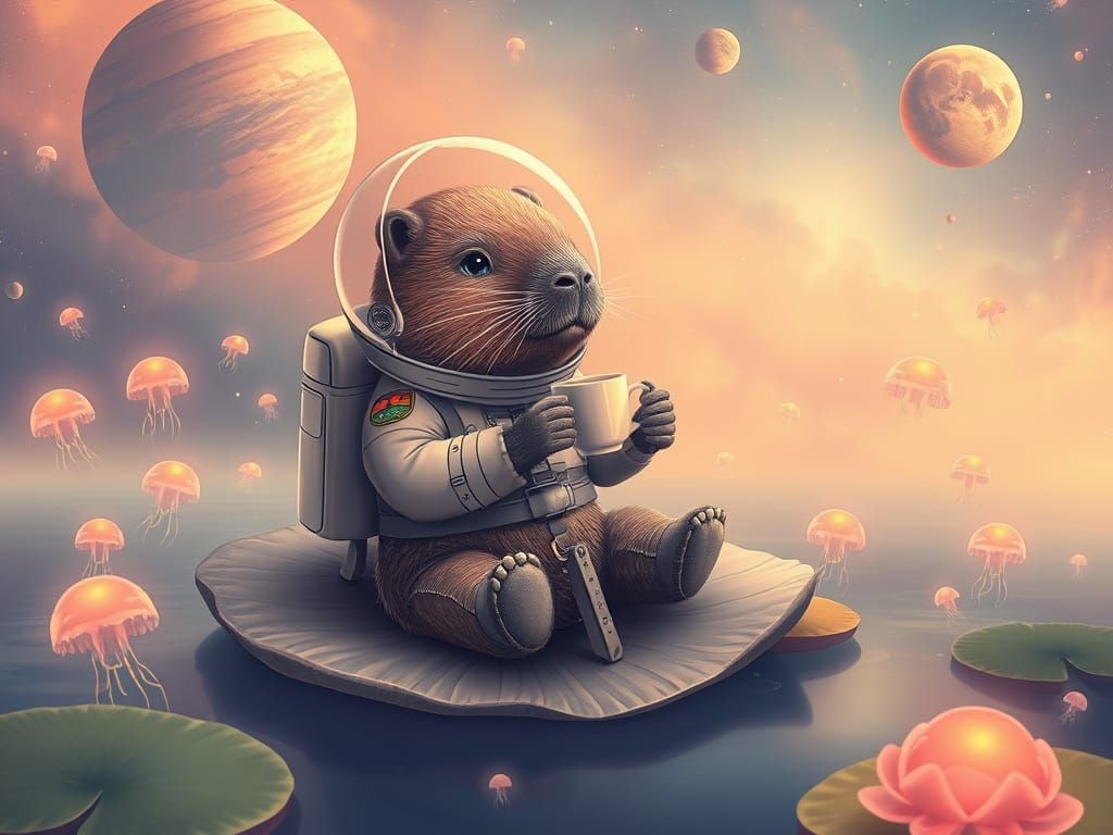 Capybara Astronaut Sipping Tea in Space
