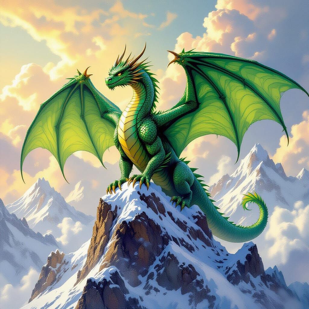 Emerald Dragon on Snowy Mountain Peak