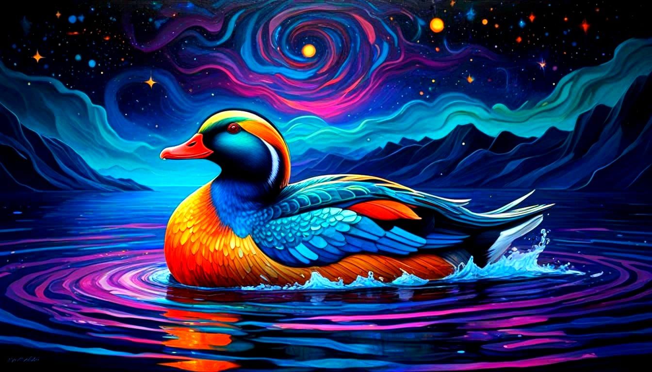 Ethereal Mandarin Duck in Cosmic Chiaroscuro