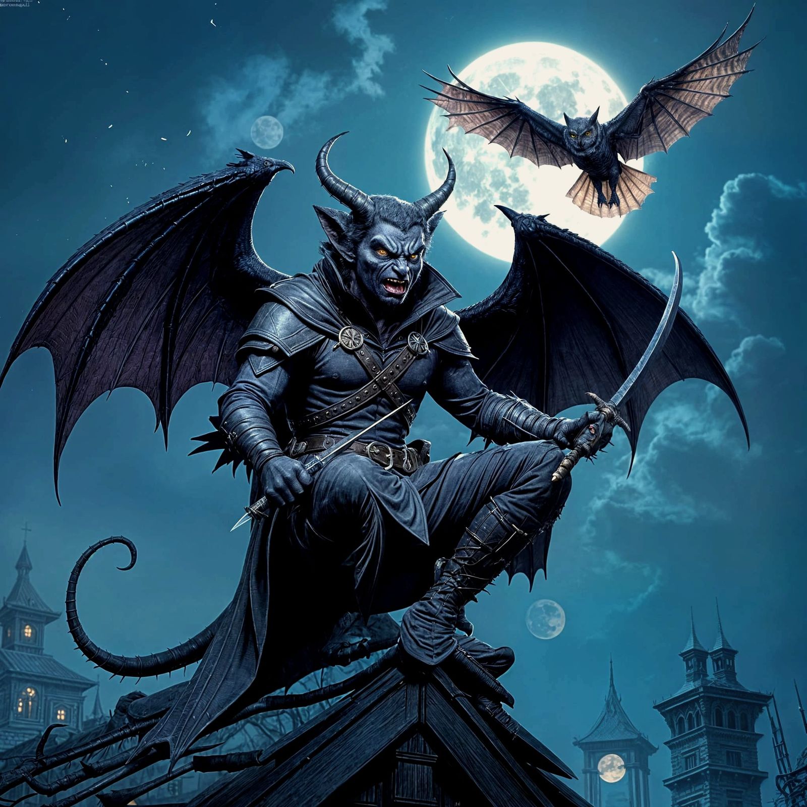 Tiefling Rogue with Daggers on Rooftop Under Full Moon