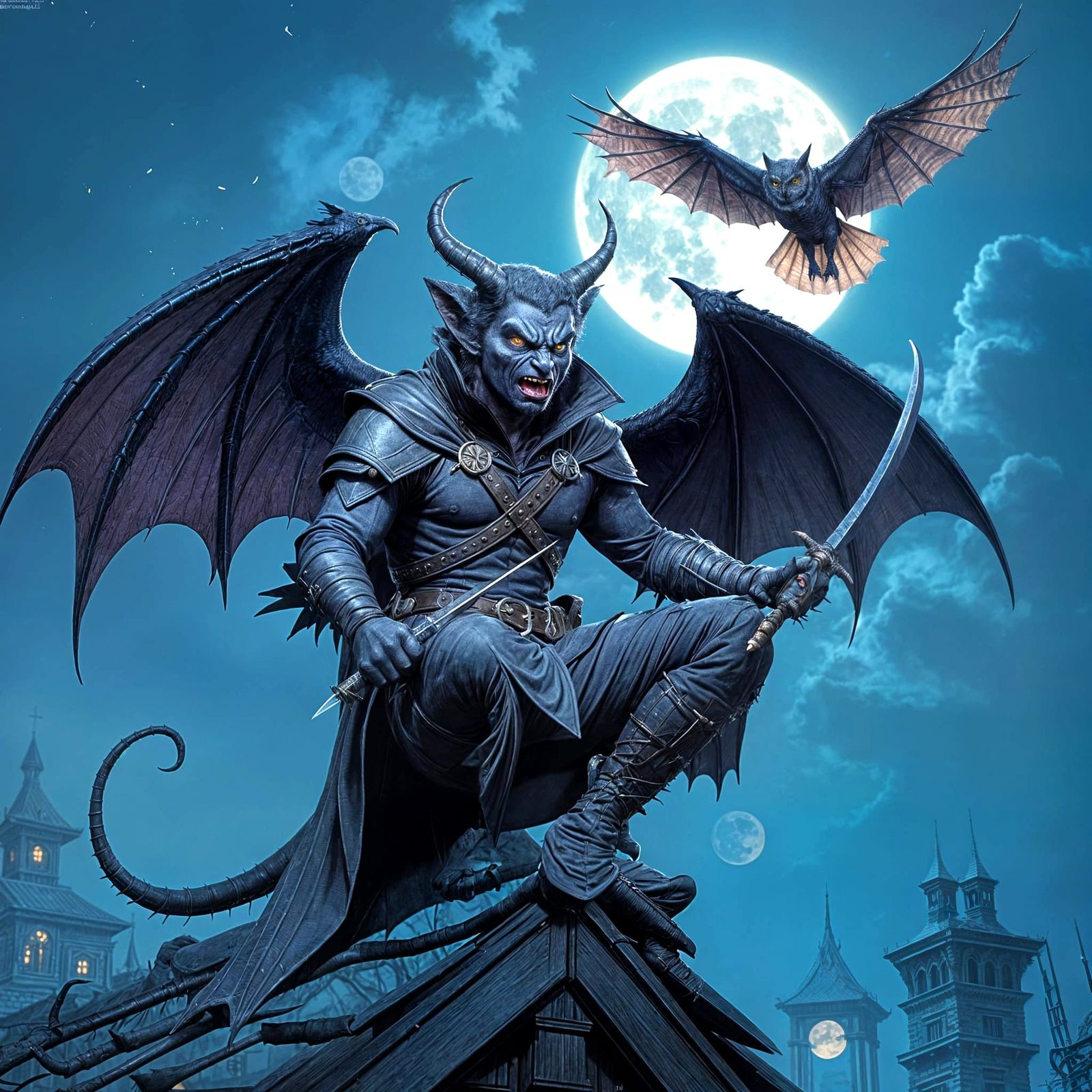 Tiefling Rogue with Daggers on Rooftop Under Full Moon