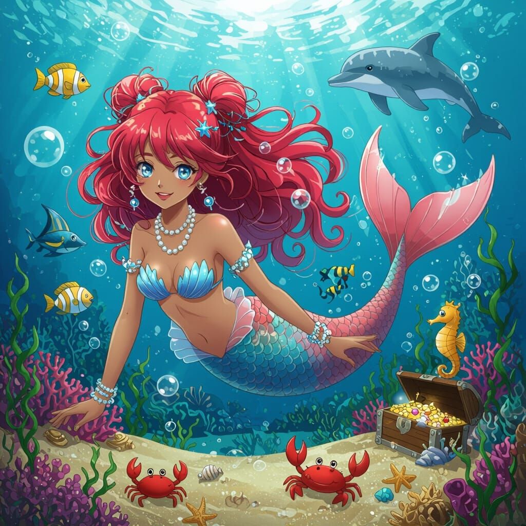 Anime Mermaid with Red Hair and Sparkly Tail