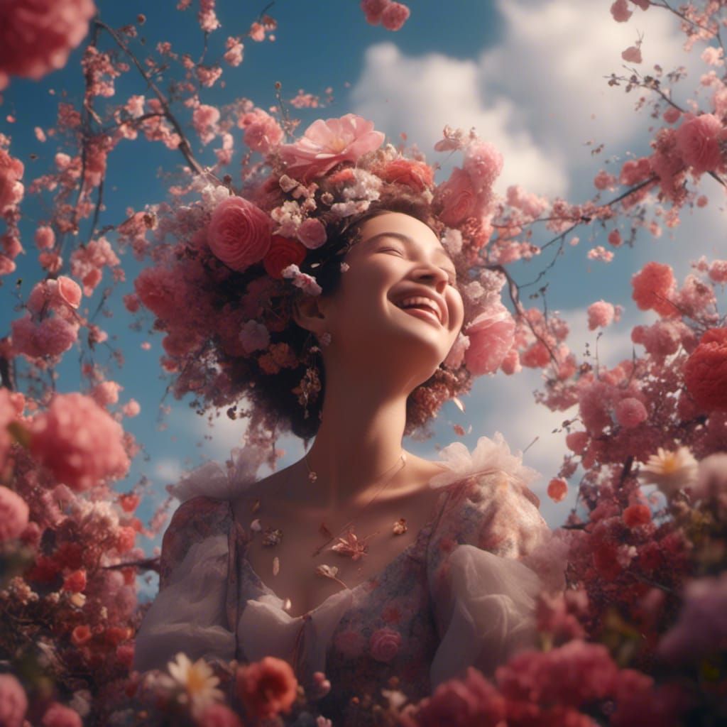 Woman Laughing on Cloud with Flowers