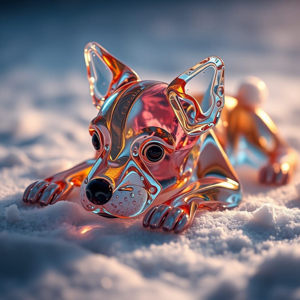 Hyperrealistic Glass Dog in Snow, Splash Art