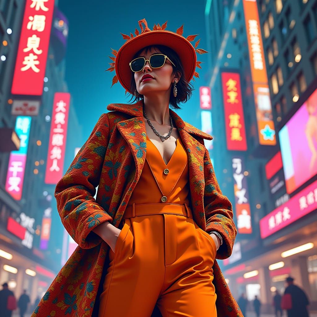 Futuristic Autumn Fashion in Neon Cityscape