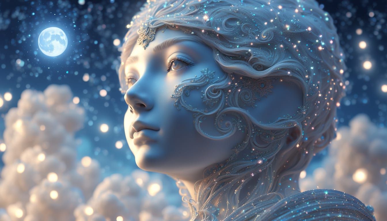 Moonstone Girl Sculpture Under Starry Sky