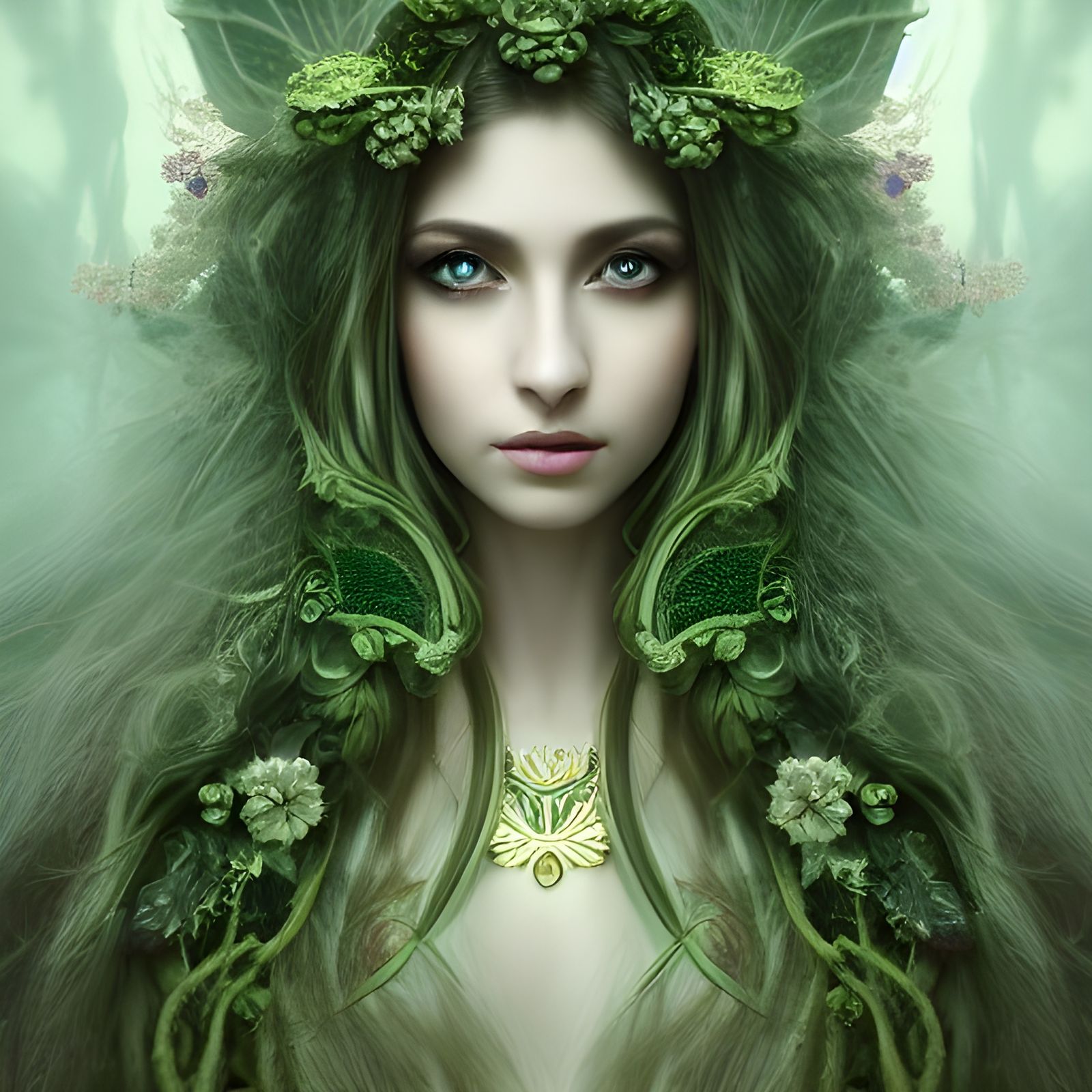 Ethereal Green Priestess in Detailed Matte Painting