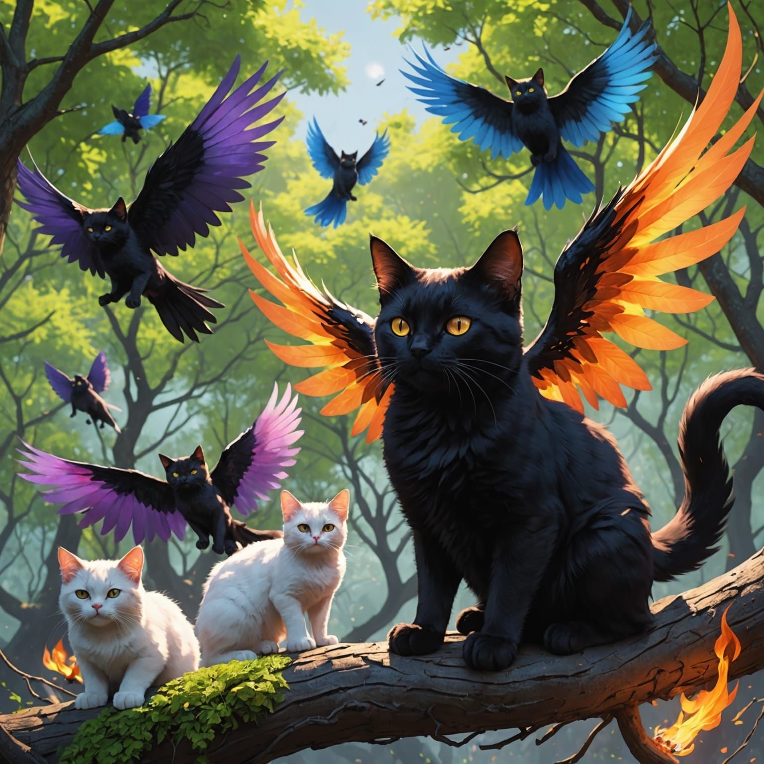 Flaming Winged Cat in Colorful Anime Style