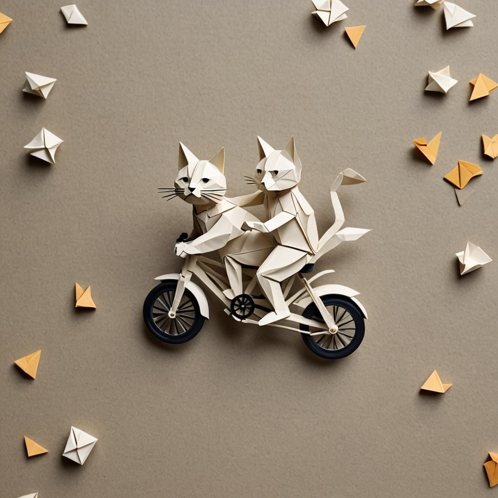 Origami Cat Rides Bike in Papercraft Style