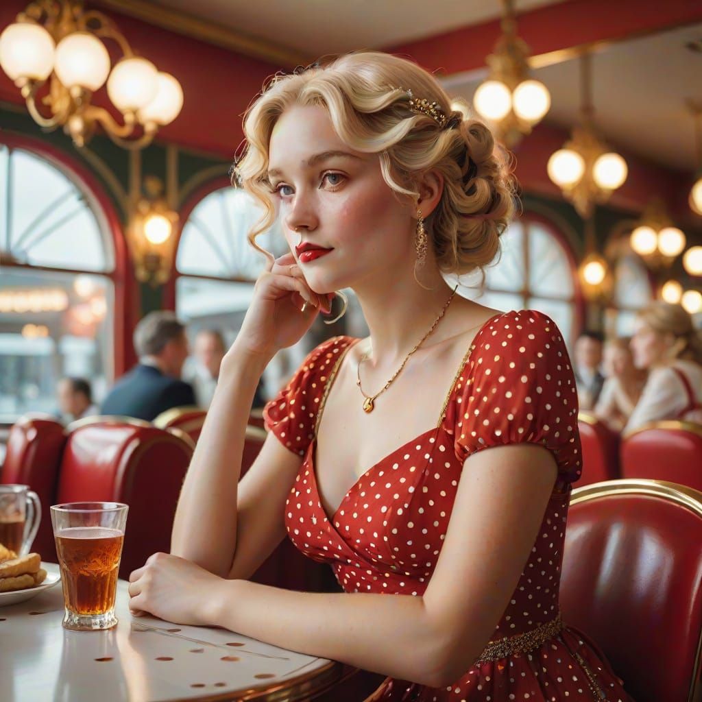 Art Nouveau Woman in Red Polka Dot Dress