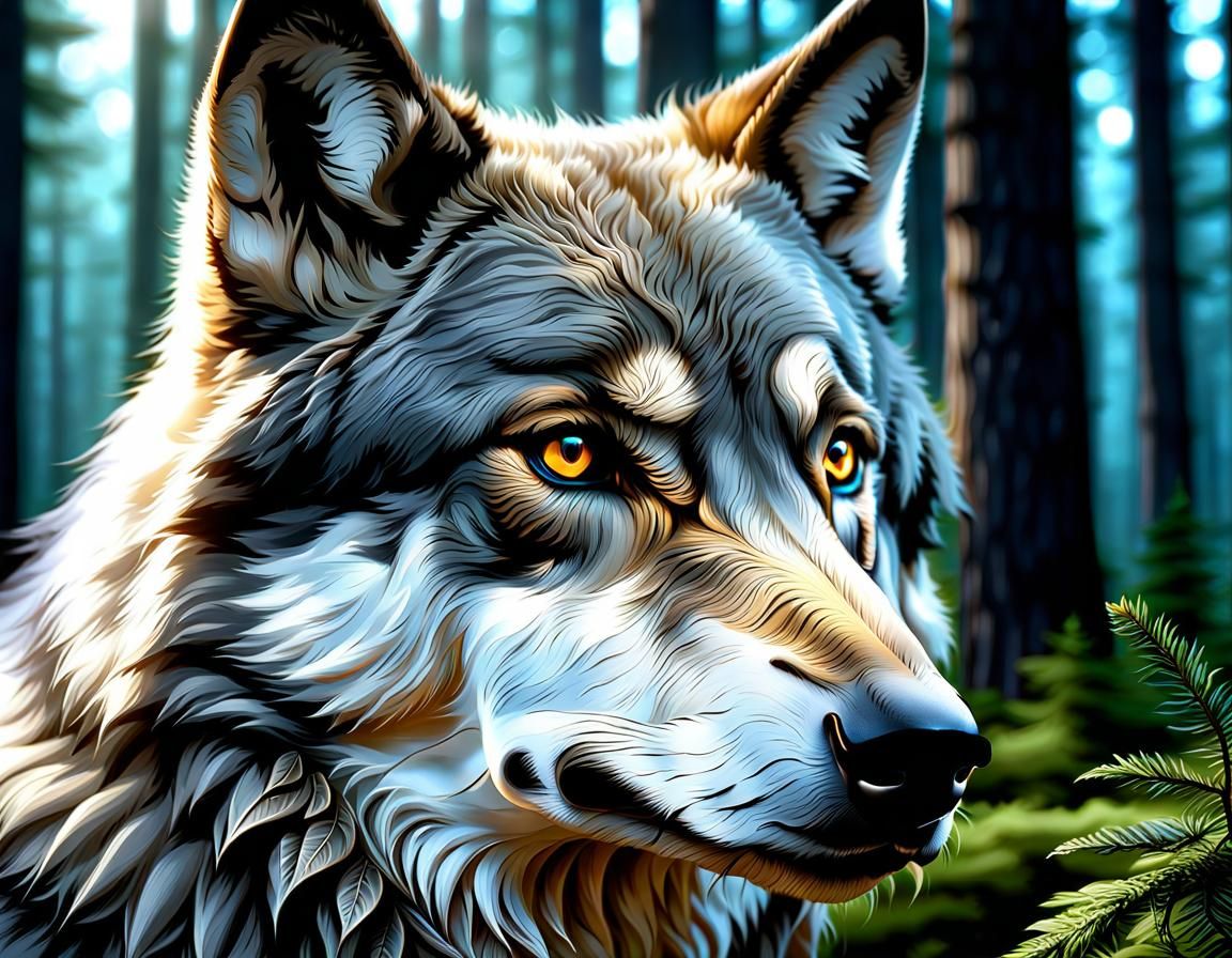 Spectacular Grey Wolf Portrait in Digital Painting
