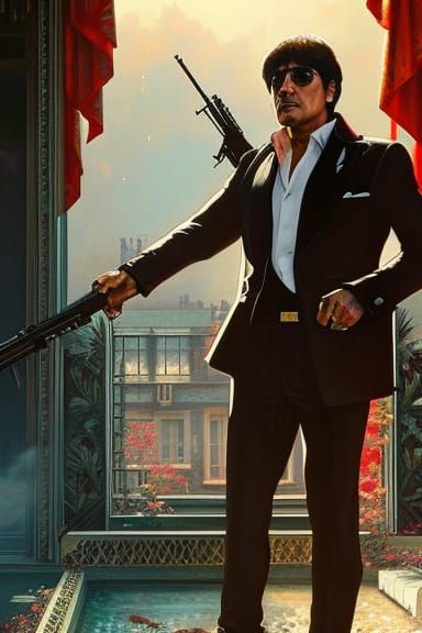 Scarface Portrait: Tony Montana in Red Mansion