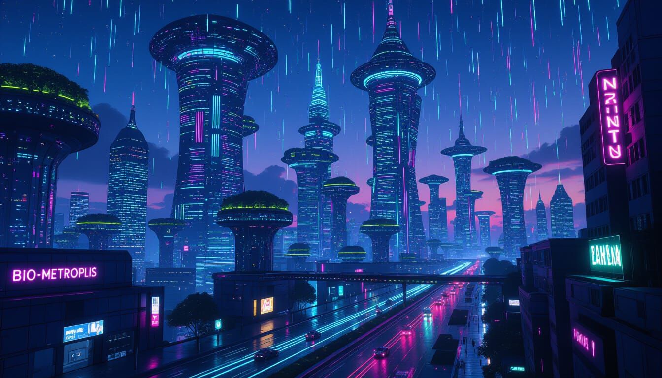 Bio-Metropolis at Twilight with Neon Rain