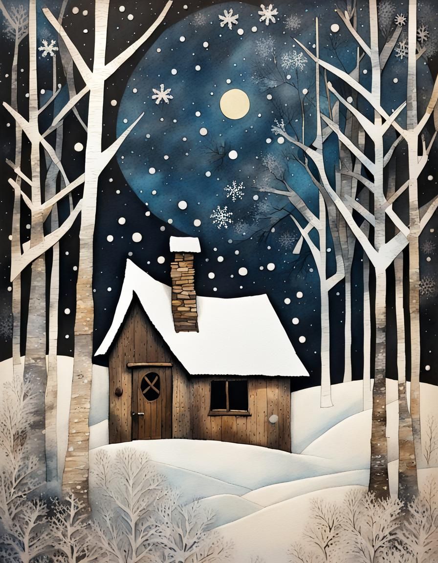 Snowy Winter Woodland Collage in Mixed Media