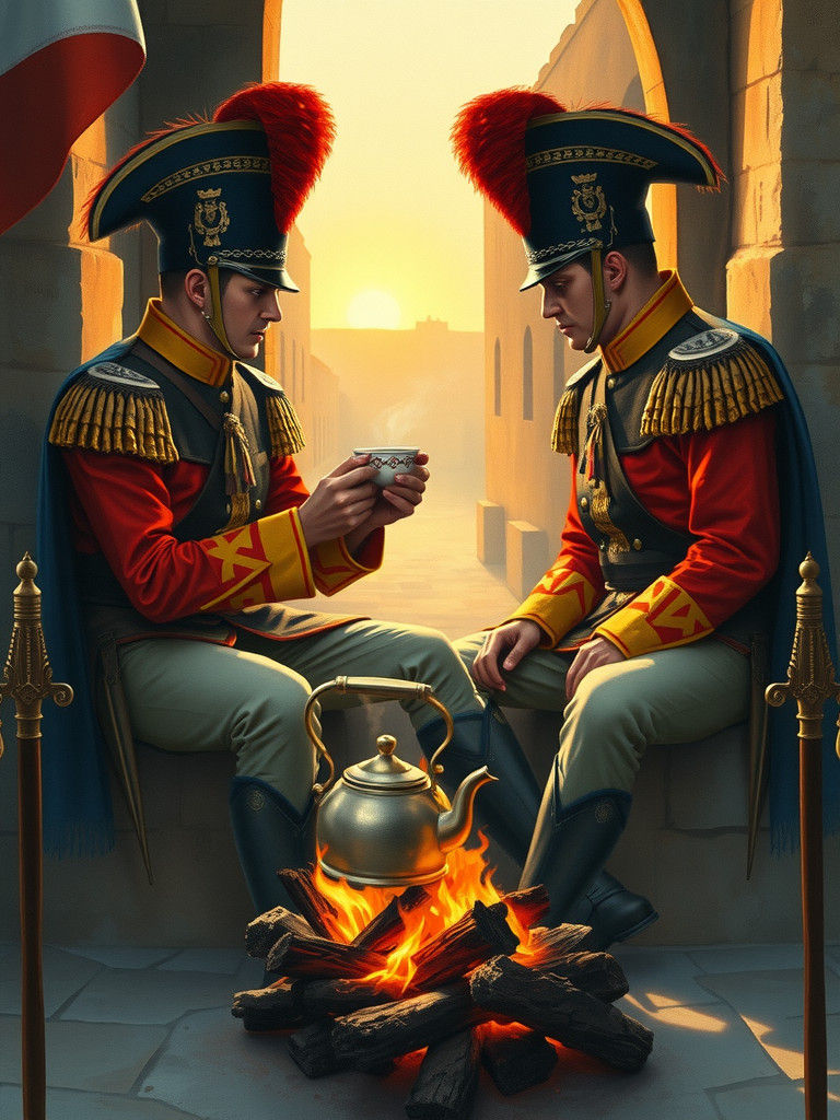 Grenadiers Sharing Mate at Dawn: Gouache Watercolor Painting