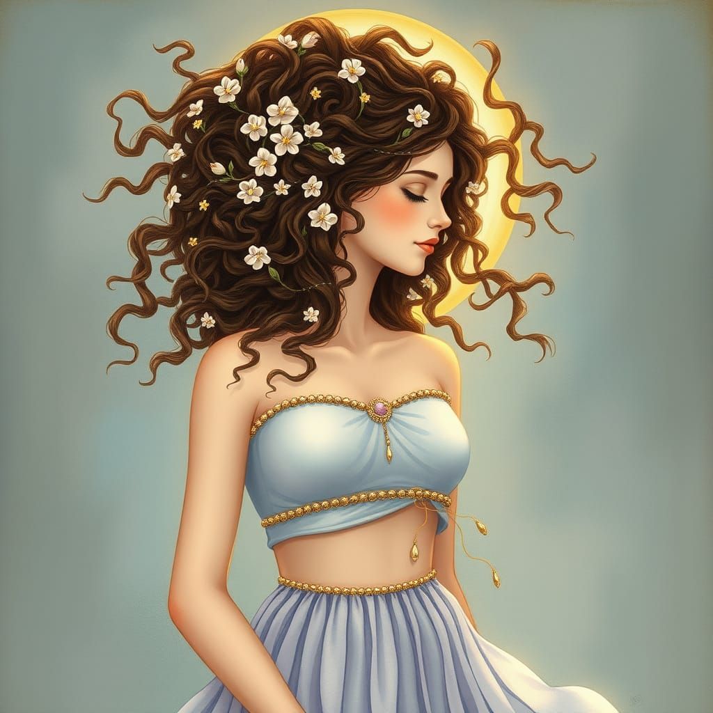 Ethereal Goddess with Maze Hairpiece in Dreamy Landscape