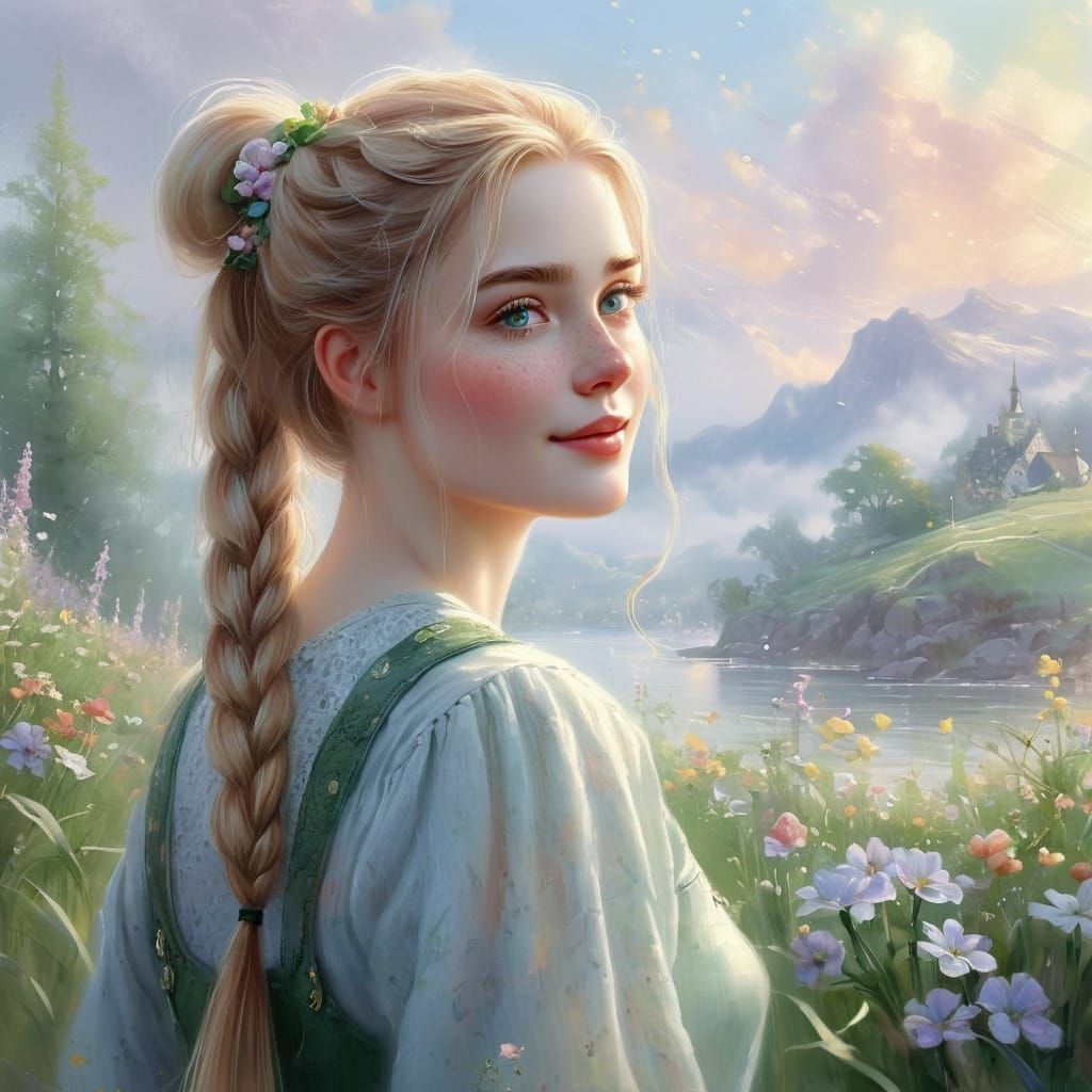 Pretty Woman Portrait with Freckles and Flowing Blonde Hair