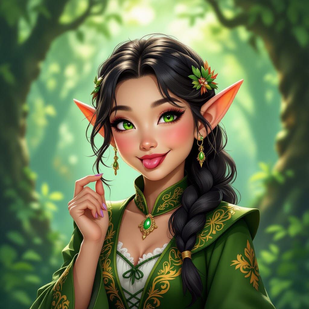 Mischievous Asian Elf in Enchanted Forest