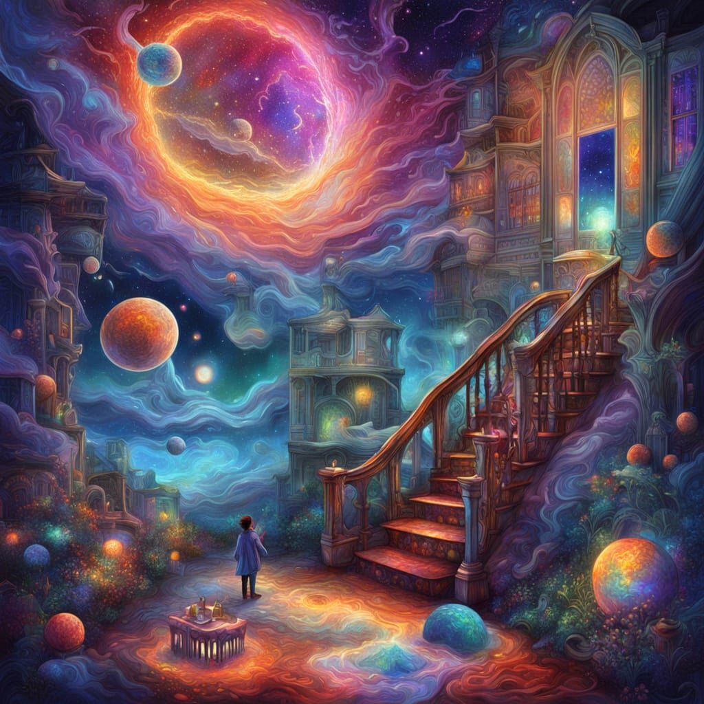 Cosmic Dreamscape in Vibrant Holographic Style