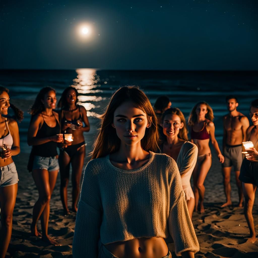 Girl and Friends at Night on a Beach
