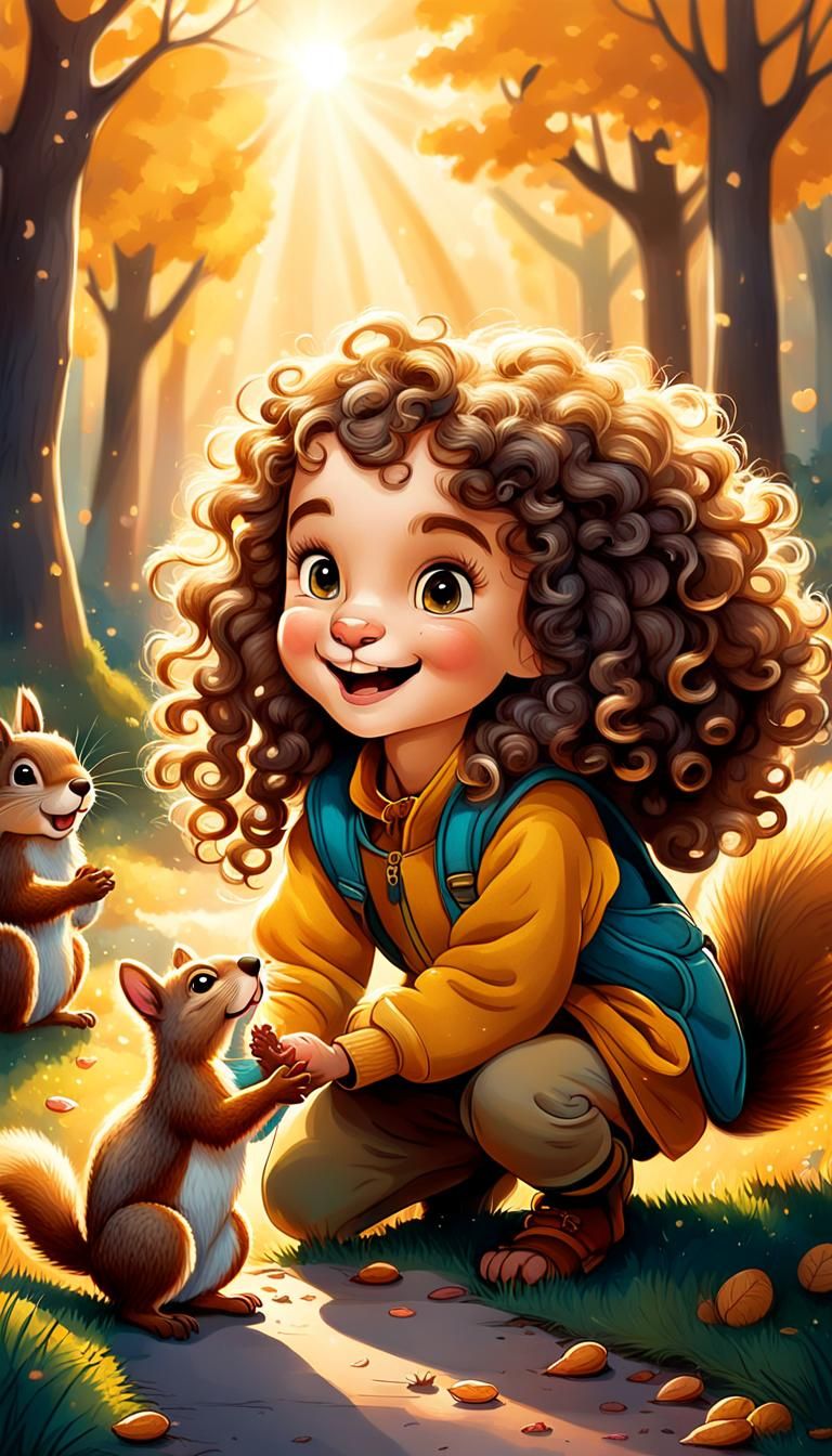 a quirky whimsical little girl gently offering a nut to a cu...