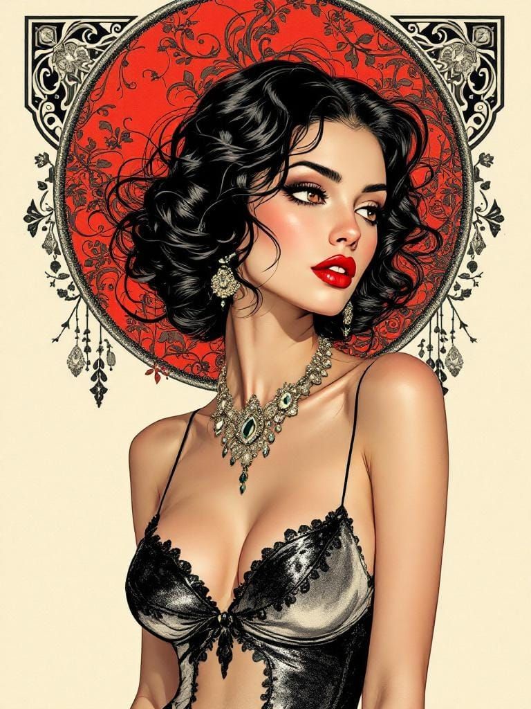 Italian Pin-Up in Aubrey Beardsley and Edmund Dulac Style