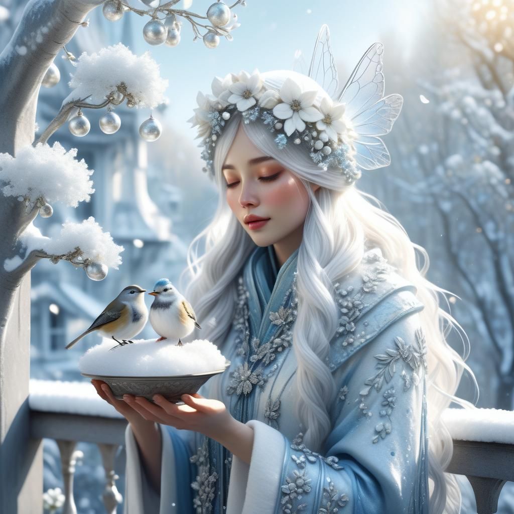 Winter Forest Fairy with Snowball in Hyperrealistic Style
