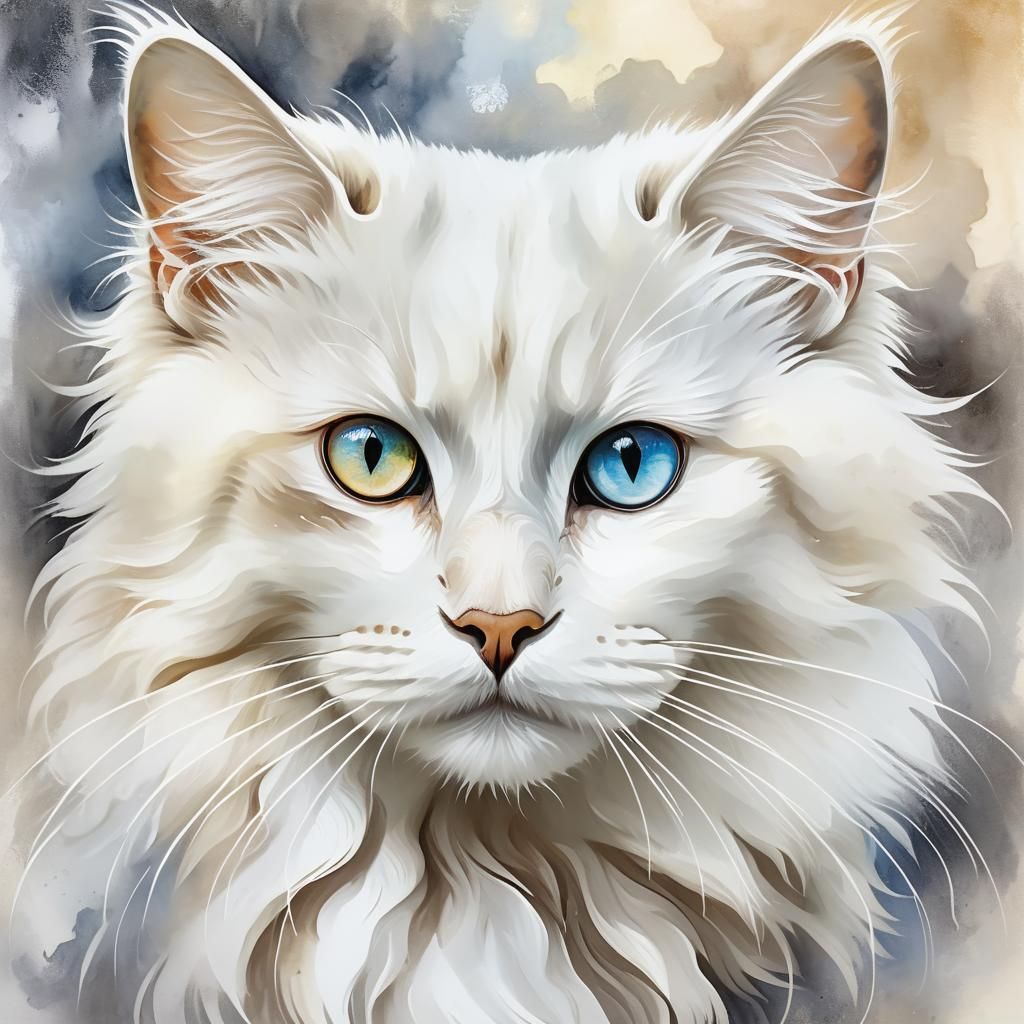 Fluffy White Cat with Prismatic Eyes in Impasto Style