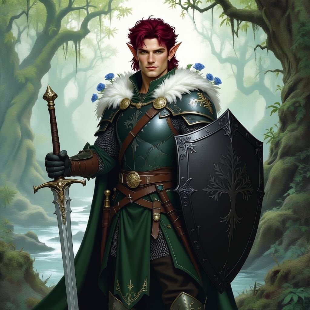 Wood Elf Warrior in Ancient Forest, Fantasy Art