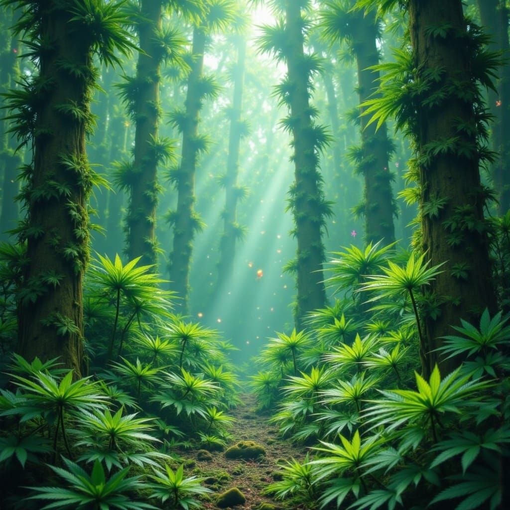 Mystical Cannabis Forest with Fairies, in Tarot Style