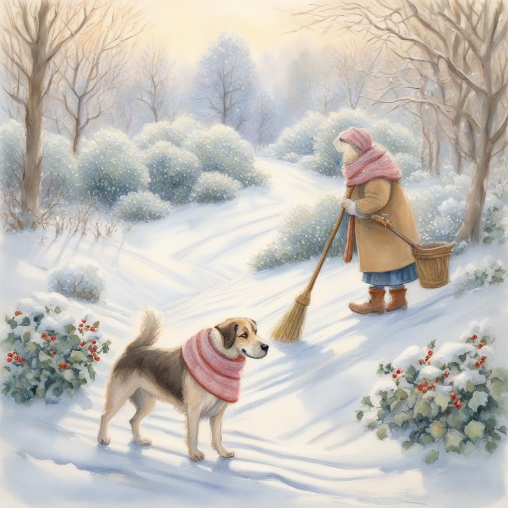 Dog Sweeping Snow in Pastel Colors