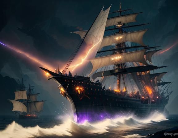 A beautiful vampiric ship with blackish blue fire sails, ful...