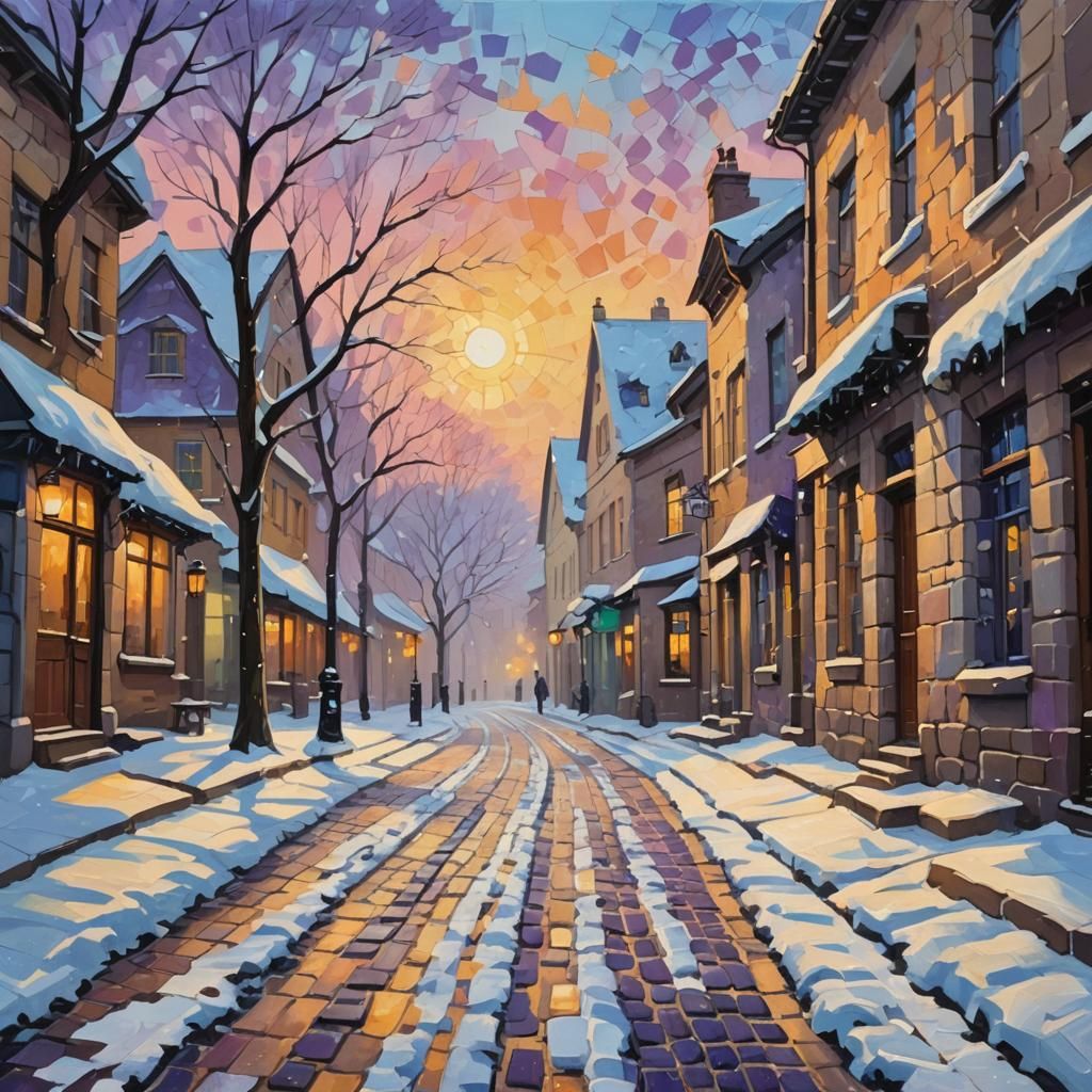 Neo-Impressionist Snow Scene at Sunrise in Impasto Style