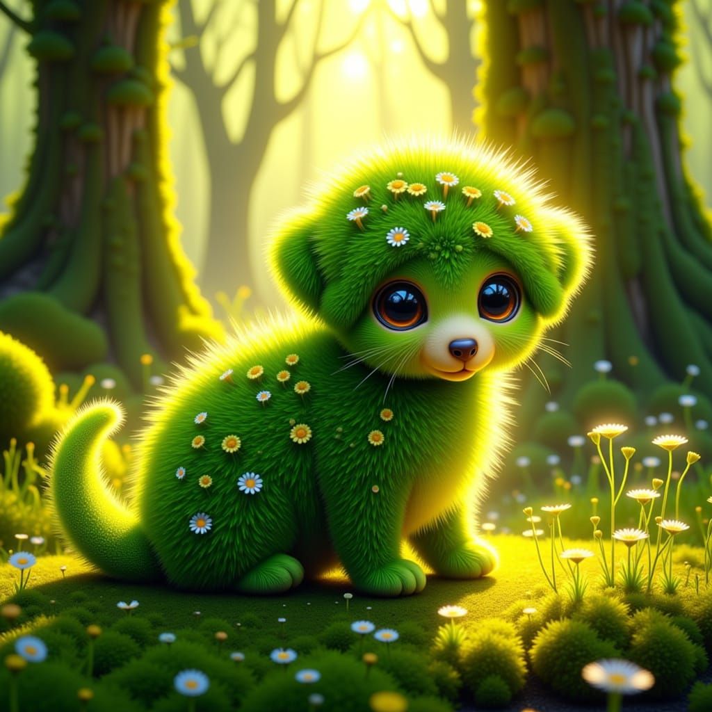 Fluffy Moss Puppy with Wildflower Eyes in Enchanted Forest