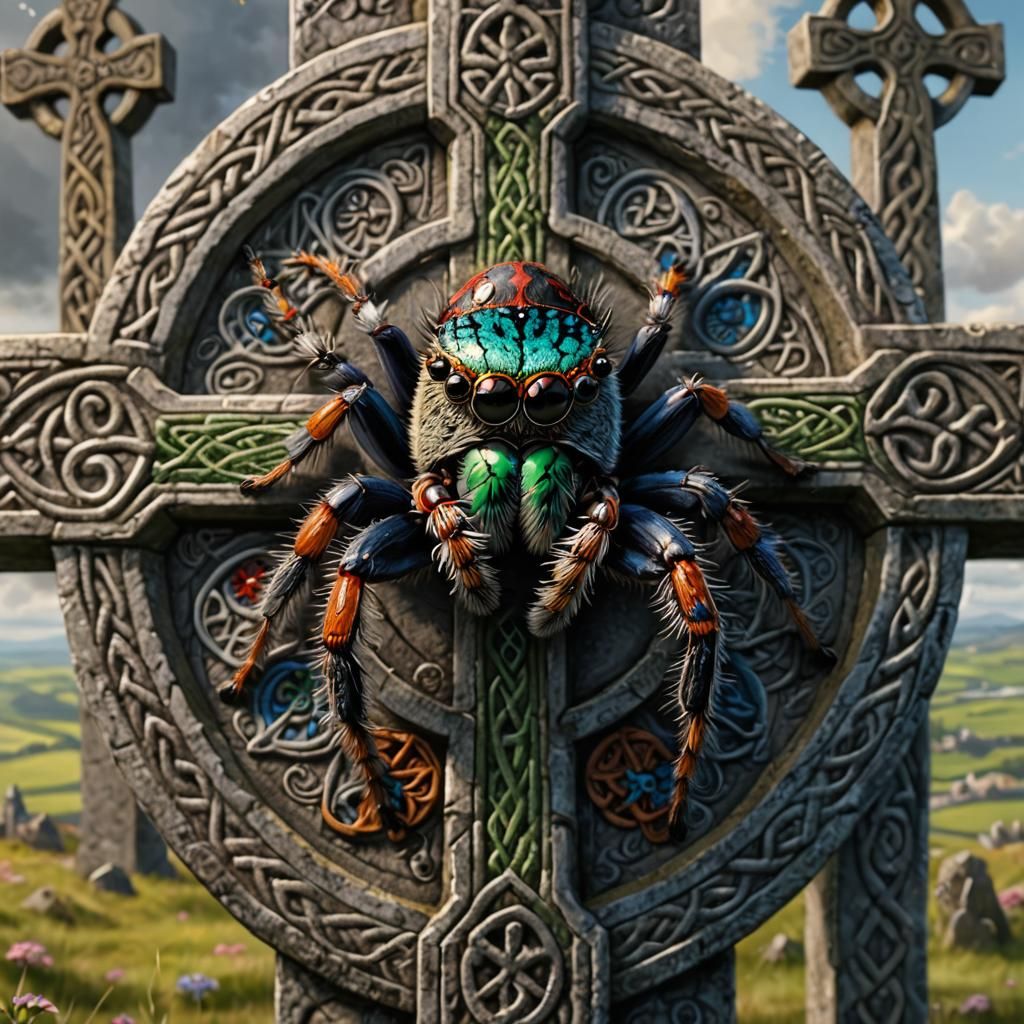 Colorful Jumping Spider on Celtic Cross, Hyperrealistic Art