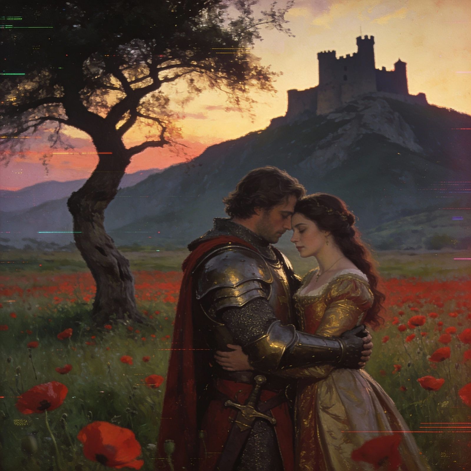 Medieval Knight Embraces Beloved Amidst Poppy Field
