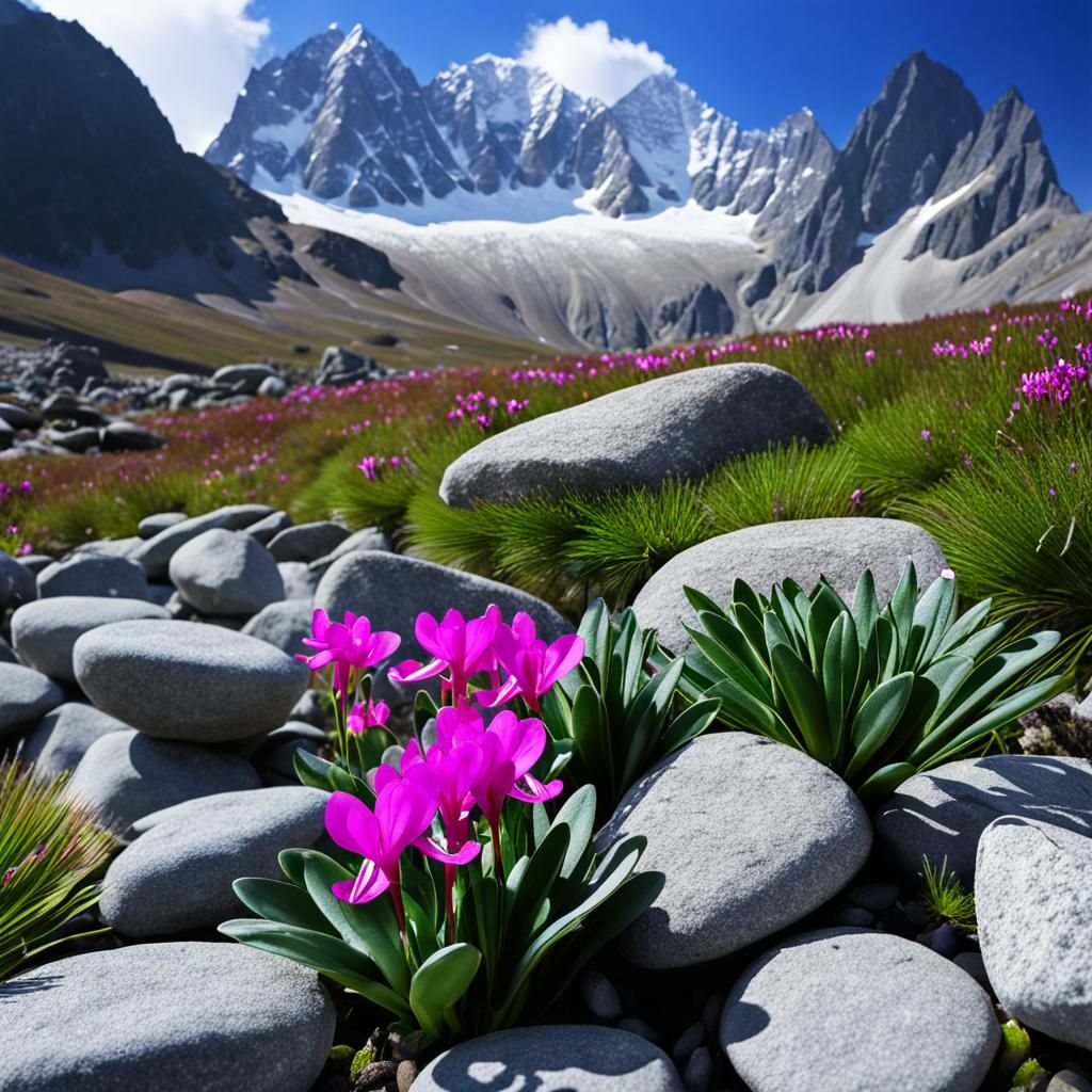 Cyclamen Blooms Among Alpine Stones, Detailed Photo