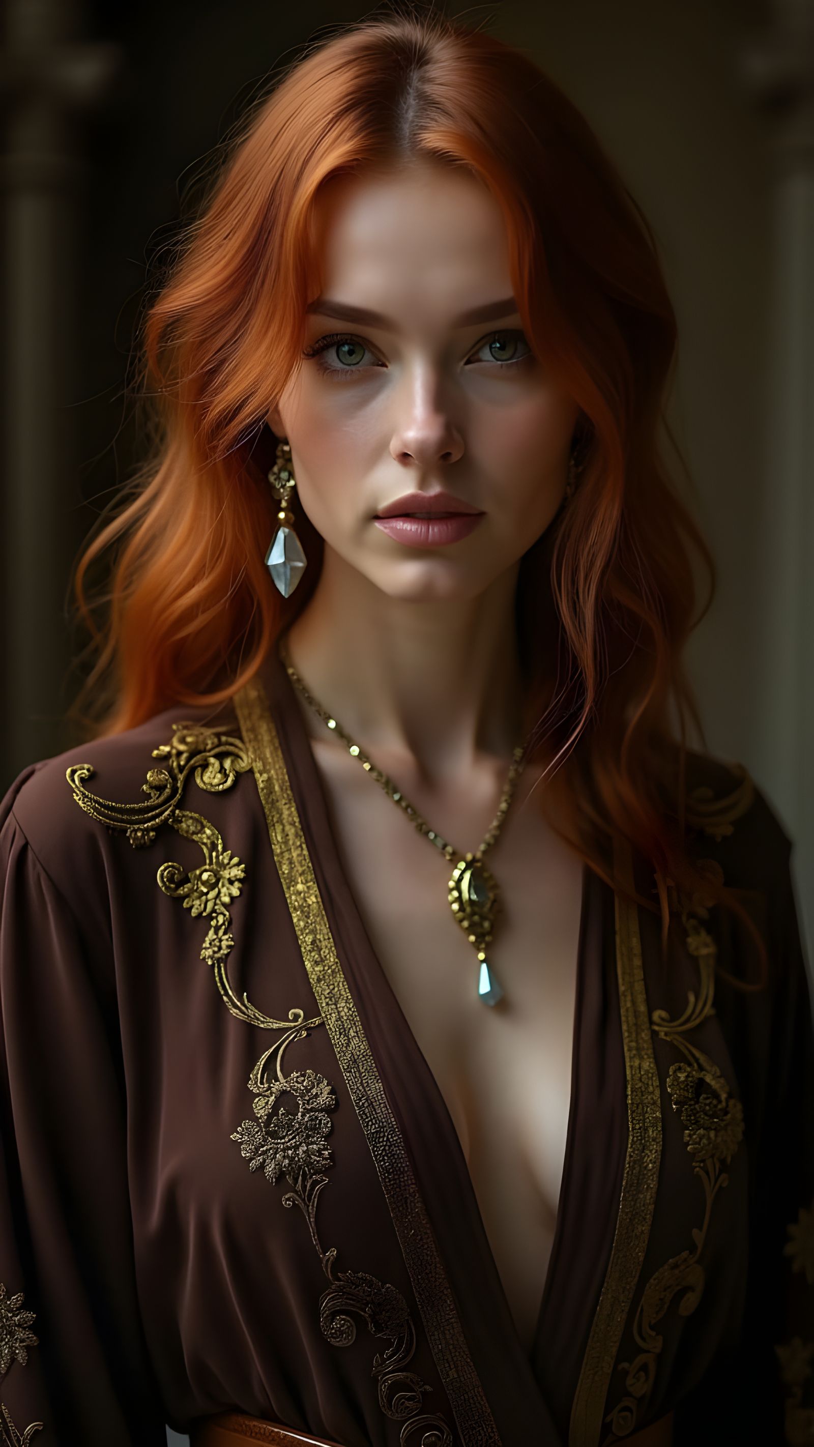 Ethereal Goddess in Dark Brown Jedi Robe with Intricate Embe...