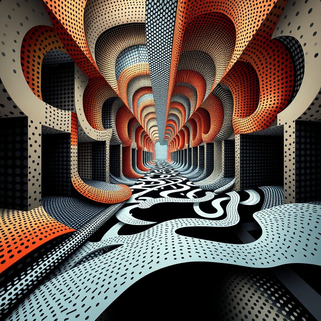 Hyperdetailed resolution. Polka dot scatter, hidden grid, floating illusion, disruptive color curve, obsessive repetitio...