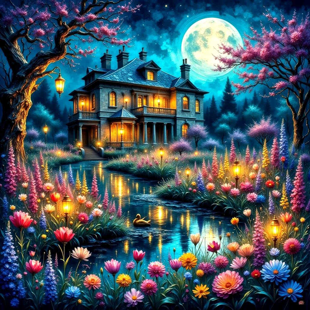 Epic English Garden at Full Moon, Oil Painting