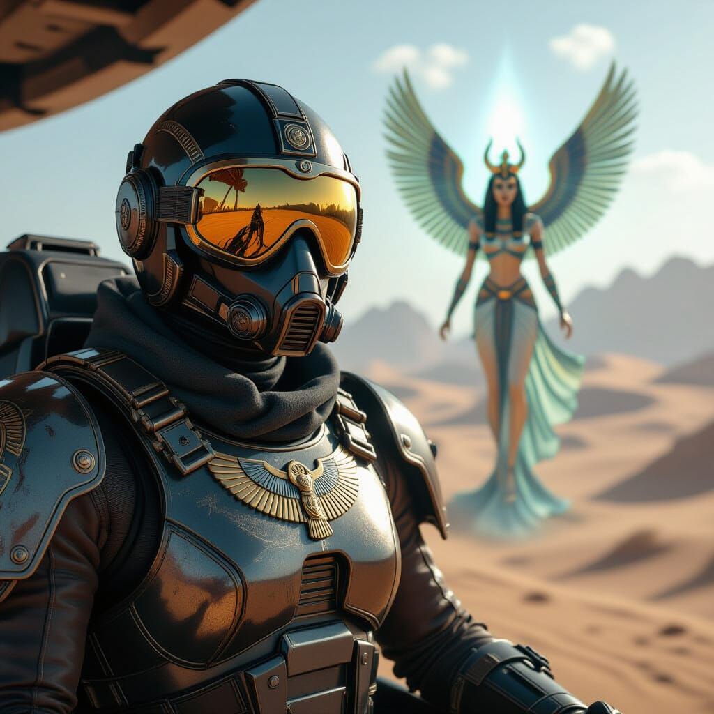 Paleofuturistic Egyptian Mech Aviatrix with Goddess Isis