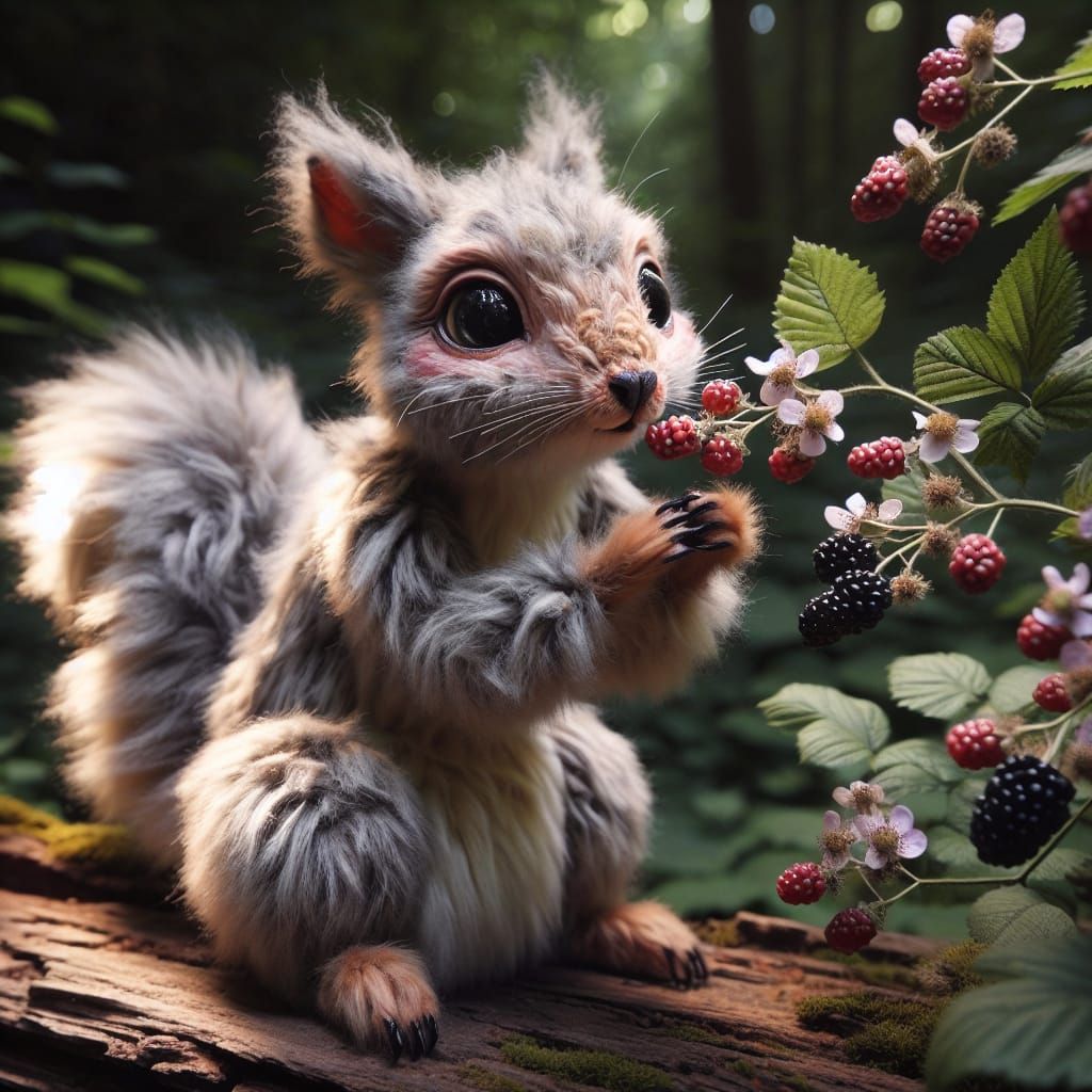 Anthropomorphic Squirrel Smelling Blackberry Blossoms