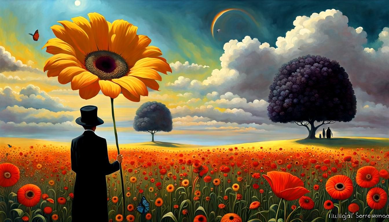 Surreal Mourning Scene in Flower Meadow