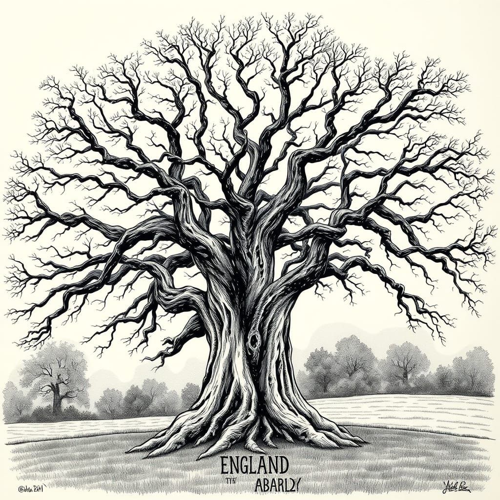 England as a Majestic Oak Tree in Intricate Ink Lines