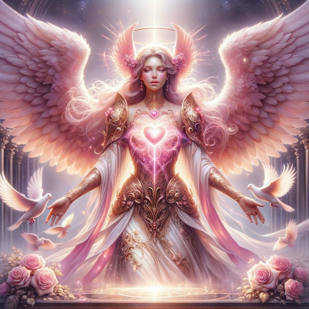 Archangel Chamuel in Rose-Gold Armor with Doves