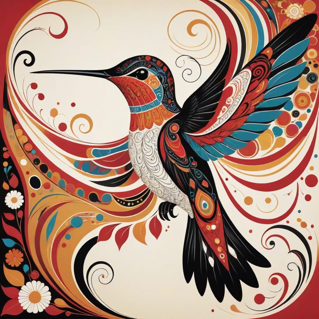 Surreal Hummingbird Art in Tribal and Abstract Fusion